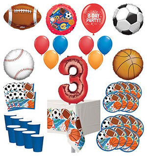 Mayflower Products Sports Theme 3rd Birthday Party Supplies 8 Guest Entertainment kit and Balloon Bouquet Decorations - Red Number 3