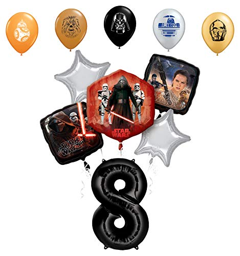 Star Wars 8th Birthday Party Supplies Foil Balloon Bouquet Decorations with 5pc Star Wars 11" Character Print Latex Balloons Chewbacca, Darth Vader, C3PO, R2D2 and BB8
