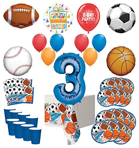 Mayflower Products Sports Theme 3rd Birthday Party Supplies 8 Guest Entertainment kit and Balloon Bouquet Decorations - Blue Number 3