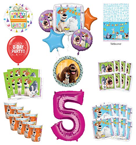 Secret Life of Pets 5th Birthday Party Supplies 8 Guest kit and Balloon Bouquet Decorations - Pink Number 5