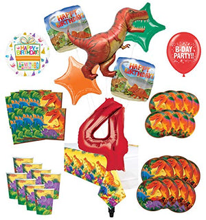 Mayflower Products Dinosaur 4th Birthday Party Supplies 8 Guest Decoration Kit and Prehistoric T-Rex Balloon Bouquet