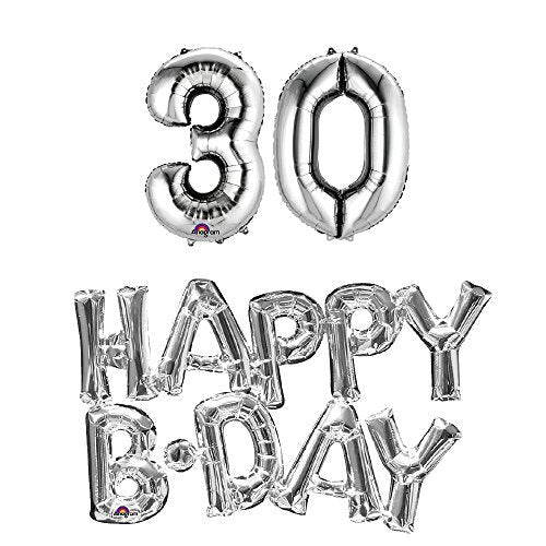 30th birthday party balloons supplies and decorations in silver