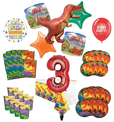 Mayflower Products Dinosaur 3rd Birthday Party Supplies 8 Guest Decoration Kit and Prehistoric T-Rex Balloon Bouquet