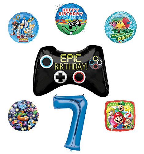 Video Gamers 7th Birthday Party Supplies and Balloon Decorations (Sonic, Super Mario, Pac Man and Slither.io)