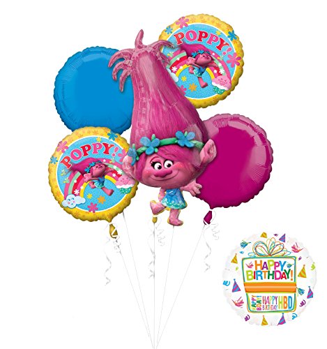 NEW TROLLS POPPY 6 pc Birthday Party Supplies And Balloon Bouquet Decorations