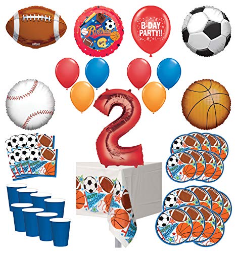 Mayflower Products Sports Theme 2nd Birthday Party Supplies 8 Guest Entertainment kit and Balloon Bouquet Decorations - Red Number 2