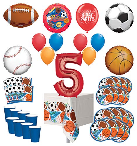 Mayflower Products Sports Theme 5th Birthday Party Supplies 8 Guest Entertainment kit and Balloon Bouquet Decorations - Red Number 5