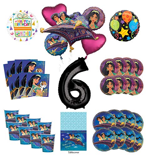 Mayflower Products Aladdin and Princess Jasmine 6th Birthday Party Supplies 8 Guest Decoration Kit and Balloon Bouquet - Black Number 6