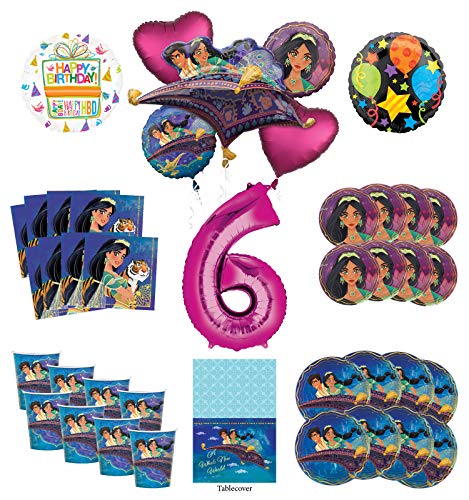 Mayflower Products Aladdin and Princess Jasmine 6th Birthday Party Supplies 8 Guest Decoration Kit and Balloon Bouquet - Pink Number 6