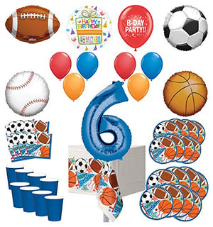 Mayflower Products Sports Theme 6th Birthday Party Supplies 8 Guest Entertainment kit and Balloon Bouquet Decorations - Blue Number 6