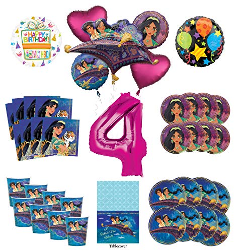 Mayflower Products Aladdin and Princess Jasmine 4th Birthday Party Supplies 8 Guest Decoration Kit and Balloon Bouquet - Pink Number 4