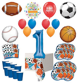 Mayflower Products Sports Theme 1st Birthday Party Supplies 8 Guest Entertainment kit and Balloon Bouquet Decorations - Blue Number 1