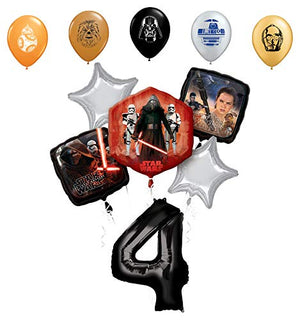 Star Wars 4th Birthday Party Supplies Foil Balloon Bouquet Decorations with 5pc Star Wars 11" Character Print Latex Balloons Chewbacca, Darth Vader, C3PO, R2D2 and BB8