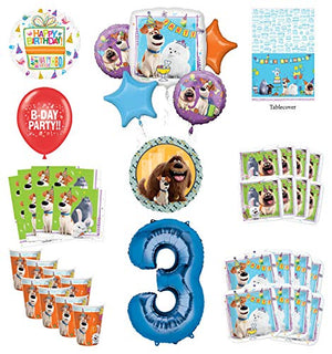 Secret Life of Pets 3rd Birthday Party Supplies 8 Guest kit and Balloon Bouquet Decorations - Blue Number 3