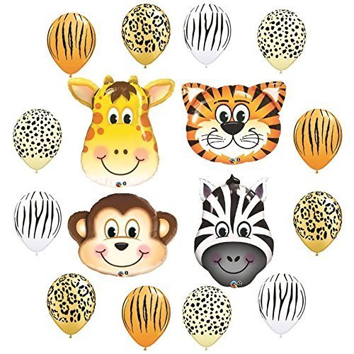 Safari Jungle Zoo Animals Jumbo Balloons Zebra, Tiger, Giraffe & Monkey and 12 pc Safari 11" Latex Mix