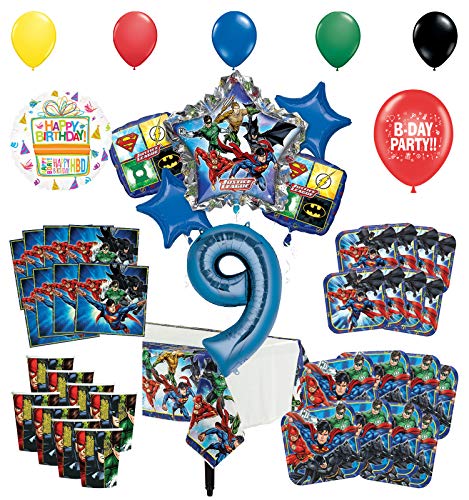 Justice League 9th Birthday Party Supplies 8 Guest Entertainment kit and Superhero Balloon Bouquet Decorations