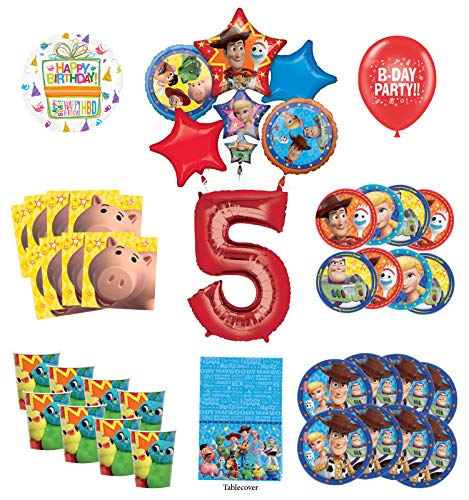 Toy Story 5th Birthday Party Supplies 16 Guest Decoration Kit with Woody, Buzz Lightyear and Friends Balloon Bouquet