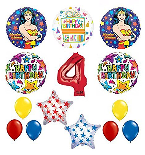 Wonder Woman 14 pc Superhero 4th Birthday Party Supplies and Balloon Decorations