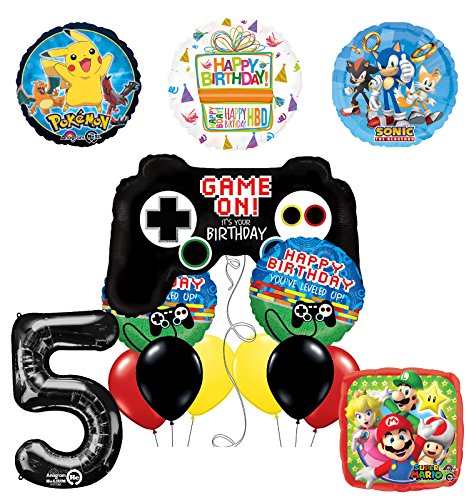 The Ultimate Video Game 5th Birthday Party Supplies and Balloon Decorations (Sonic, Super Mario and Pokemon)