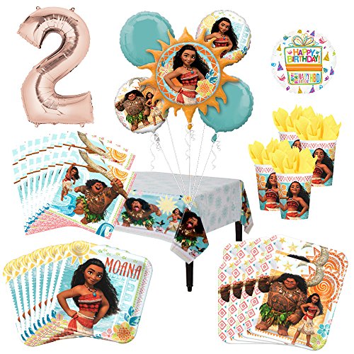 Moana Party Supplies 8 Guest Kit and 2nd Birthday Balloon Bouquet Decorations