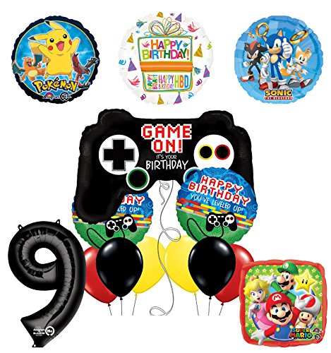 The Ultimate Video Game 9th Birthday Party Supplies and Balloon Decorations (Sonic, Super Mario and Pokemon)