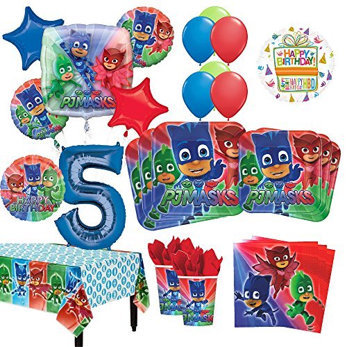 PJ Masks 5th Birthday Party Supplies 16 Guest Kit and Balloon Bouquet Decorations 96pc
