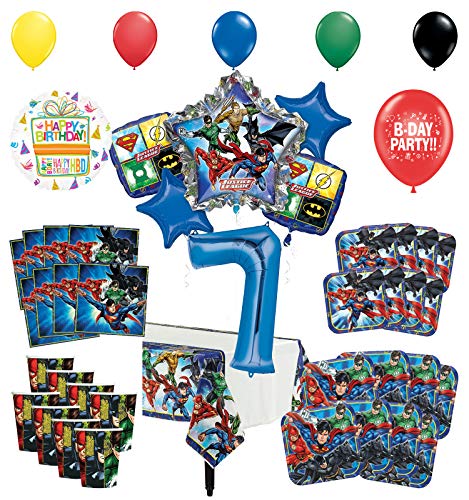 Justice League 7th Birthday Party Supplies 8 Guest Entertainment kit and Superhero Balloon Bouquet Decorations