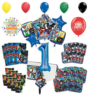 Justice League 1st Birthday Party Supplies 8 Guest Entertainment kit and Superhero Balloon Bouquet Decorations