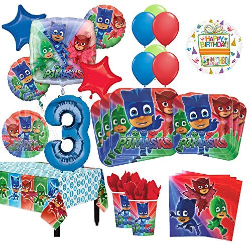 PJ Masks 3rd Birthday Party Supplies 16 Guest Kit and Balloon Bouquet Decorations 96pc