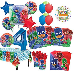 PJ Masks 4th Birthday Party Supplies 16 Guest Kit and Balloon Bouquet Decorations 96pc