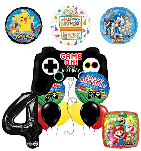 The Ultimate Video Game 4th Birthday Party Supplies and Balloon Decorations (Sonic, Super Mario and Pokemon)