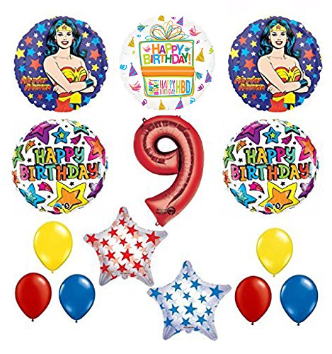 Wonder Woman 14 pc Superhero 9th Birthday Party Supplies and Balloon Decorations