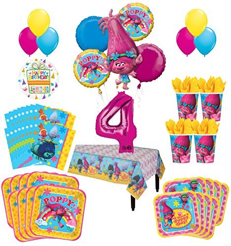 Trolls Poppy 4th Birthday Party Supplies 16 Guest Kit and Balloon Bouquet Decorations 95 pc