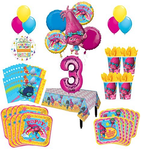 Trolls Poppy 3rd Birthday Party Supplies 16 Guest Kit and Balloon Bouquet Decorations 95 pc