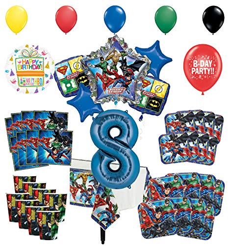 Justice League 8th Birthday Party Supplies 8 Guest Entertainment kit and Superhero Balloon Bouquet Decorations