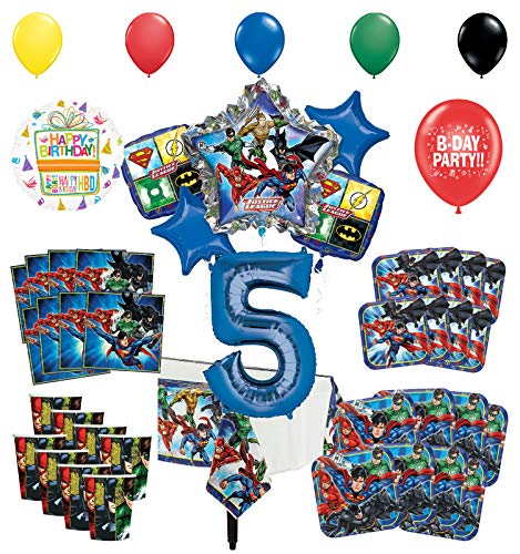 Justice League 5th Birthday Party Supplies 8 Guest Entertainment kit and Superhero Balloon Bouquet Decorations