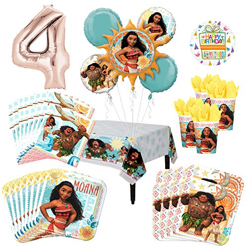 Moana Party Supplies 8 Guest Kit and 4th Birthday Balloon Bouquet Decorations