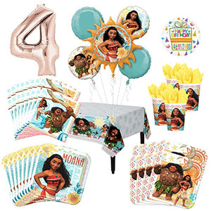 Moana Party Supplies 16 Guest Kit and 4th Birthday Balloon Bouquet Decorations