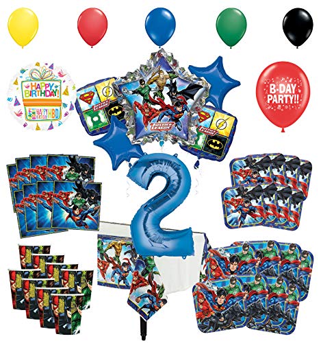 Justice League 2nd Birthday Party Supplies 8 Guest Entertainment kit and Superhero Balloon Bouquet Decorations